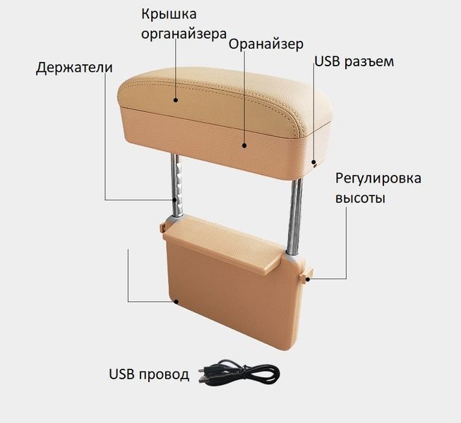Органайзер &ndash; подлокотник в авто с беспроводной зарядкой для телефона Коричневый АО-206-4 фото